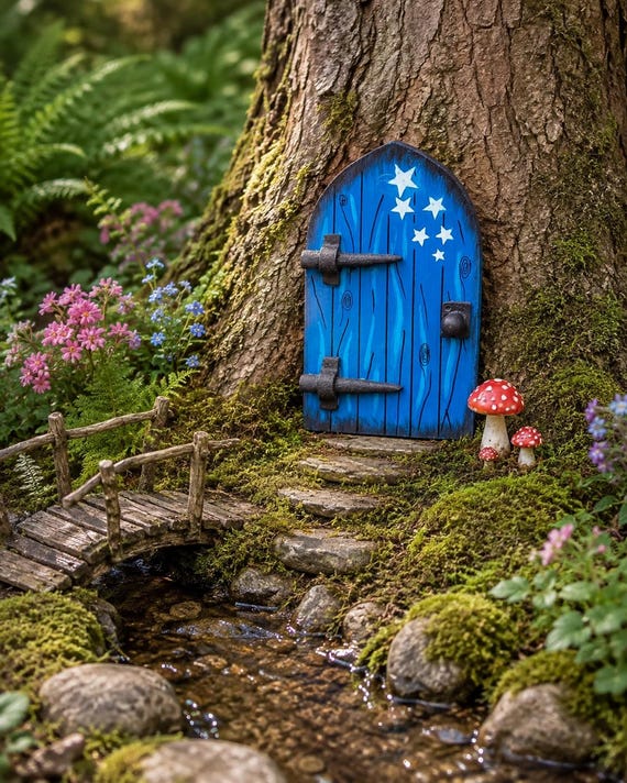 Blue Whimsical Fairy Door Made From Wood. Elf, Pixie Miniature