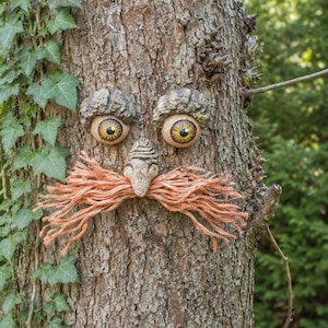 Moustached Tree Face Garden Decoration: Unique Outdoor Sculpture image 1
