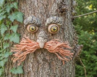Moustached Tree Face Garden Decoration: Unique Outdoor Sculpture