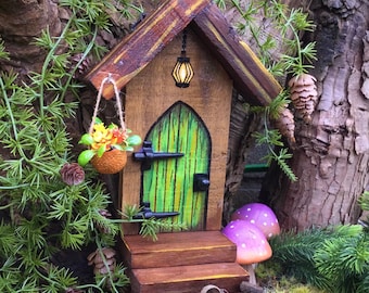 Rustic fairy door with steps. Elf, hobbit, pixie, wooden door. Birthday gift for mum, outdoor garden decoration, yard art, miniature door,