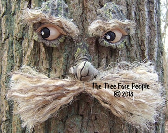 Moustached Tree Face outdoor garden decoration, sculpture, statue, funny face, yard art, gifts for gardeners.  Whimsical art. Easter gift