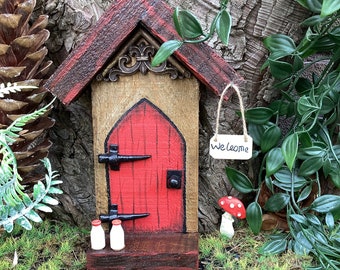 Rustic fairy door with porch and step.  Hand painted miniature pixie, elf fairy Darden door, yard art, birthday gift, hanging small door.
