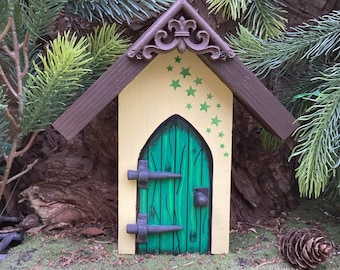 Green fairy door made from wood. Elf or pixie miniature door. Outdoor garden decoration, fairy garden, hanging door.  Birthday gift.