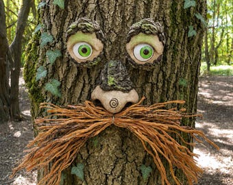 Funny Tree Face with Orange Moustache, Outdoor Tree Decoration, tree Hugger, Whimsical Garden Art Handmade Tree Ornament, Unique Garden Gift