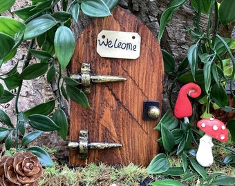 Wooden rustic fairy door, brown pixie door. Miniature fairy house,  outdoor lawn decorations, door with welcome sign, gift for gardeners