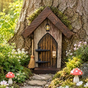 May include: A miniature wooden fairy door with a dark brown gabled roof covered in green moss. The door features a pointed arch, black metal hinges, a round knob, and a small lantern illustration above. A tiny straw broom stands to the left.