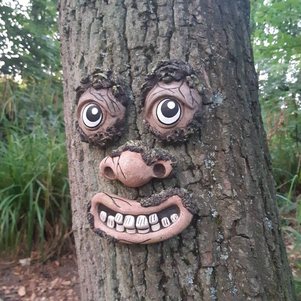 Large funny tree face, a lovely quirky gift for birthdays.  A hanging face sculpture for trees and fences. Outdoor garden decoration.