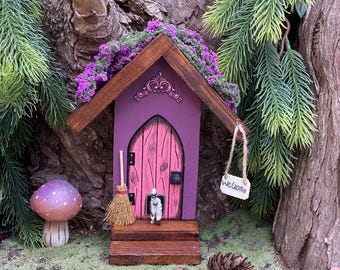 Wooden quirky purple /pink fairy door. Whimsical pixie door with cat fairy garden accessory, yard art decoration. Beautiful birthday gift..