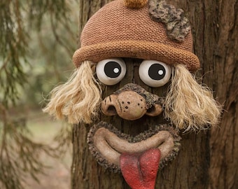Whimsical Tree Face with Hat – Funny Garden Decor – Fairy Garden Ornament – Woodland Yard Art