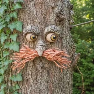 May include: A tree face decoration featuring two round eyes with brown irises, textured gray bark-like eyebrows, a pointed nose, and a long, bushy peach-colored yarn mustache attached to the surface of a tree trunk with green ivy leaves.