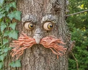 Outdoor Tree Face Garden Decoration, Funny Moustache Tree Ornament, Whimsical Woodland Yard Art, Unusual Garden Gift.