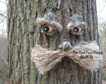 Whimsical Tree Face with Moustache – Funny Garden Decor, Outdoor Tree Faces.