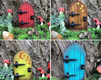 4 wooden rustic fairy doors.  Red, blue, brown, yellow pixie doors for your fairy garden.  Hanging elf doors, lawn decoration. Birthday gift