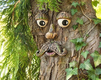 Handmade Stone Tree Face with Moustache: Whimsical Garden Art