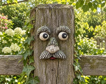 Whimsical Tree Face with Moustache – Funny Outdoor Garden Decor, Forest Spirit Tree Ornament, Fairy Garden Gift