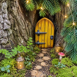 Yellow fairy door made from wood.  Beautiful pixie, elf door for your fairy garden, yard art, garden decoration for indoors or out, birthday
