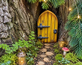 Yellow fairy door made from wood.  Beautiful pixie, elf door for your fairy garden, yard art, garden decoration for indoors or out, birthday