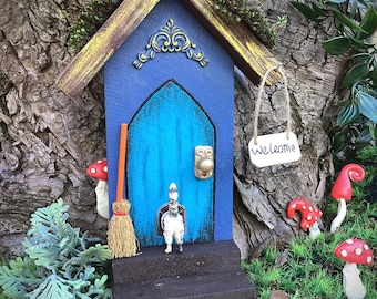 Rustic blue fairy door with cat flap.  Wooden blue pixie door,  hand painted fairy garden accessory.  Birthday gift, garden decoration.