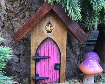 Pink rustic fairy door. Hand painted, made from reclaimed wood, fairy garden, pixie, elf door. Garden decoration, fairy garden accessories