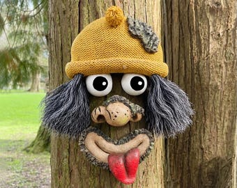 Whimsical Tree Face with Hat – Funny Garden Decor – Fairy Garden Ornament – Woodland Yard Art