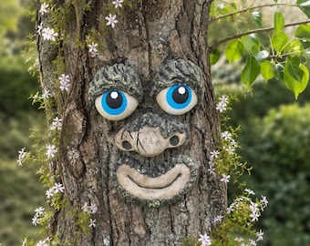 Tree Face Garden Decor with Bright Blue Eyes, Outdoor Tree Hugger, Fairy Garden Tree Face, Whimsical Yard Art, Tree Spirit Face, Garden Gift
