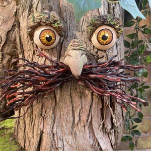 Moustached Tree Face Garden Decoration: Unique Outdoor Sculpture Browns