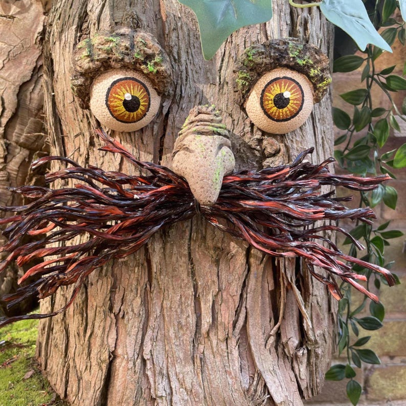 Moustached Tree Face Garden Decoration: Unique Outdoor Sculpture Browns