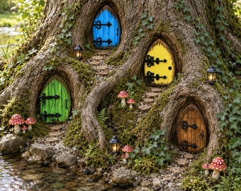 Set of 4 Outdoor Wooden Fairy Door – Handmade Fairy Garden Decoration – Rustic Tree Door – Magical Garden Gift
