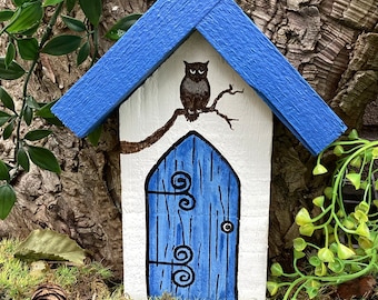 Blue fairy door made from wood.   Wooden elf, pixie miniature door.  Fairy garden accessory,  birthday gift, garden decoration, yard art