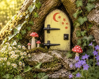 Whimsical wooden fairy door. Hand painted moon and stars design, enchanted tree ornament for gardens and fairy houses, birthday gift.