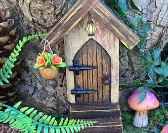 Rustic fairy door with steps. Elf, hobbit, pixie, wooden door. Birthday gift for mum, outdoor garden decoration, yard art, miniature door,