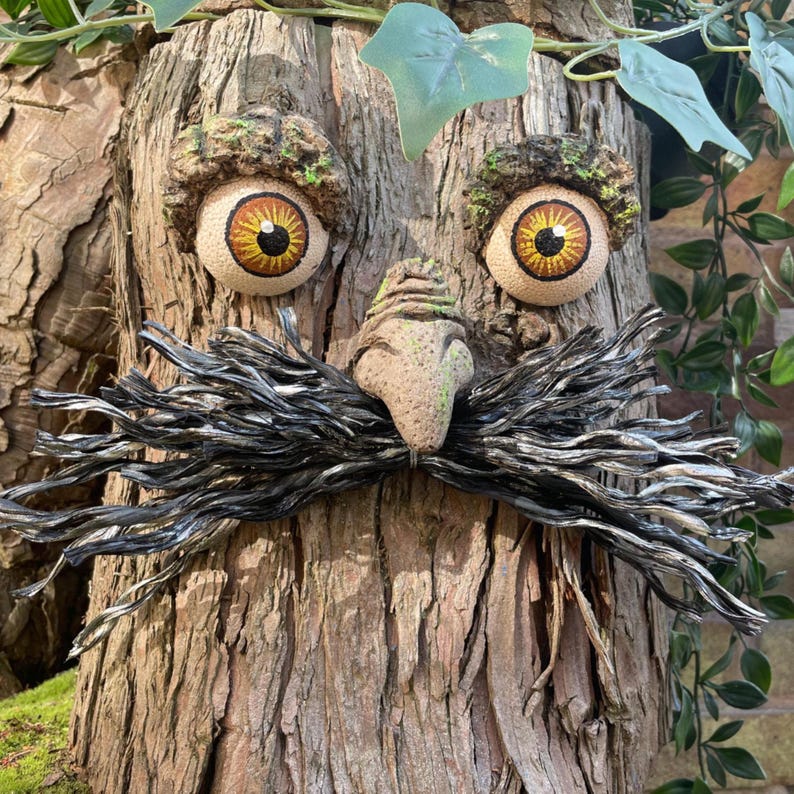 Moustached Tree Face Garden Decoration: Unique Outdoor Sculpture Black/silver grey