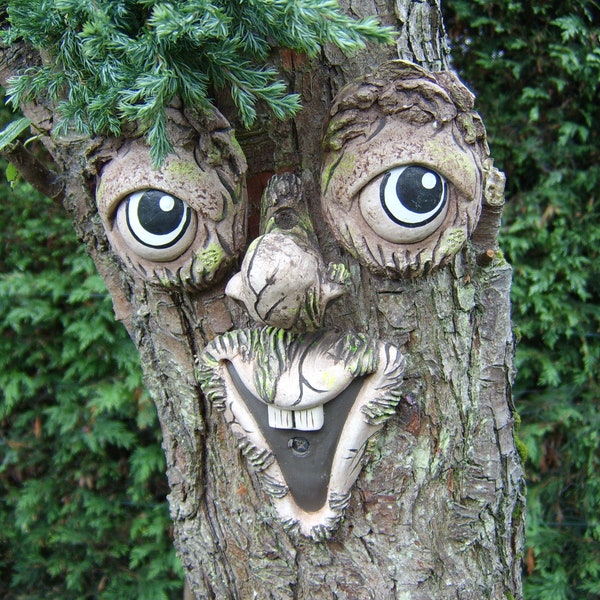 Large tree face, outdoor garden decoration, face sculpture, yard art, gifts for gardeners, funny faces for trees, quirky birthday gift,