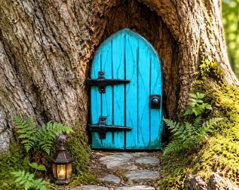 Hand Painted Blue Fairy Door – Whimsical Garden Decoration, Tree Accent