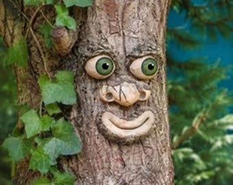 Funny Tree Face for Outdoor Trees, Whimsical Yard Art, Woodland Sculpture, Fairy Garden Gift, Handmade Lawn Decoration.