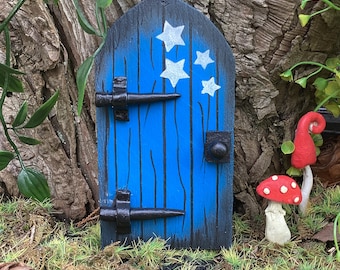 Blue whimsical fairy door made from wood. Elf, pixie miniature door. Hanging fairy garden accessory,  gift for mum, lawn decoration yard art