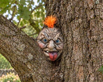 Funny Old Man Tree Face: Outdoor Garden Ornament with Optional Punk Hair