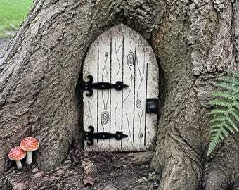 Rustic White Wooden Fairy Door for Tree, Handmade Garden Decoration, Woodland Gift, Outdoor Yard Art