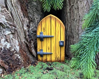 Yellow fairy door made from wood.  Beautiful pixie, elf door for your fairy garden, yard art, garden decoration for indoors or out, birthday