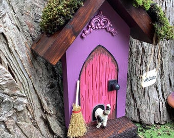 Wooden quirky purple /pink fairy door. Whimsical pixie door with cat fairy garden accessory, yard art decoration. Beautiful birthday gift..