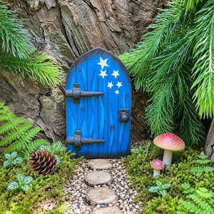 Blue whimsical fairy door made from wood. Elf, pixie miniature door. Hanging fairy garden accessory,  gift for mum, lawn decoration yard art