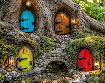 Set of 4 Wooden Fairy Doors for Trees – Handmade & Hand Painted Outdoor Fairy Garden Doors – Enchanted Garden Decor – Tree Face Accessories