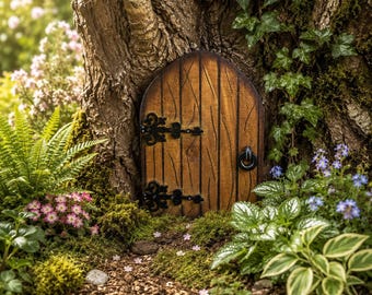 Large Wooden Fairy Door, Handmade Outdoor Fairy Garden Door, Weatherproof Tree Door, Woodland Garden Decor, 5.5 x 8 Inch