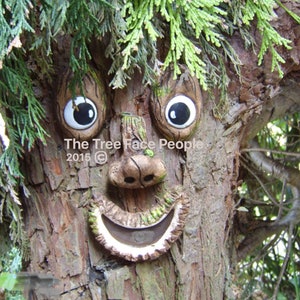 Tree face garden decoration, outdoor ornaments, funny faces, face sculpture, statue, yard art gifts for gardeners,  wall hanging whimsical.