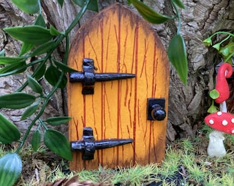 Yellow fairy door made from wood.  Beautiful pixie, elf door for your fairy garden, yard art, garden decoration for indoors or out, birthday