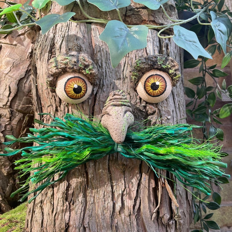 Moustached Tree Face Garden Decoration: Unique Outdoor Sculpture Greens