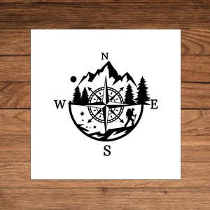 Hiking Mountain Compass Rustic, Hood Vinyl Decal, Car Truck Van Camper Jeep Decal, Cute Auto Graphic, Wanderlust Compass 4x4 Off Road