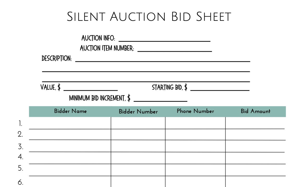 PRINTABLE Silent Auction Bid Sheet for Fundraiser Instant - Etsy