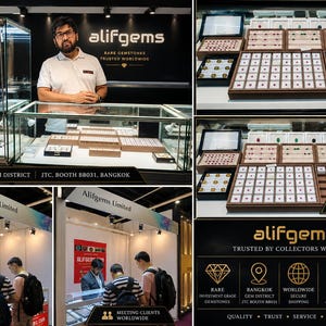 May include: A multi-panel display featuring Alifgems branding, showcasing a jewellery booth with glass cases filled with various loose gemstones in organised trays, and a trade show booth setting with staff members assisting customers.