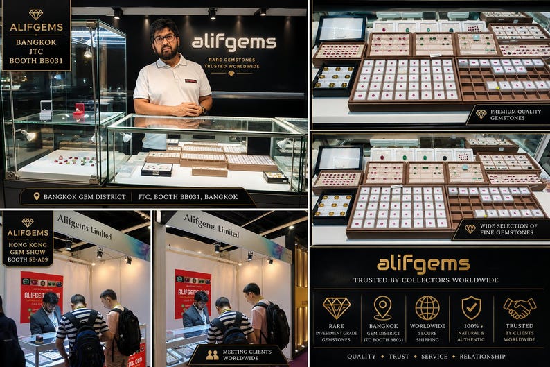 May include: A multi-panel display featuring Alifgems branding, showcasing a jewellery booth with glass cases filled with various loose gemstones in organised trays, and a trade show booth setting with staff members assisting customers.